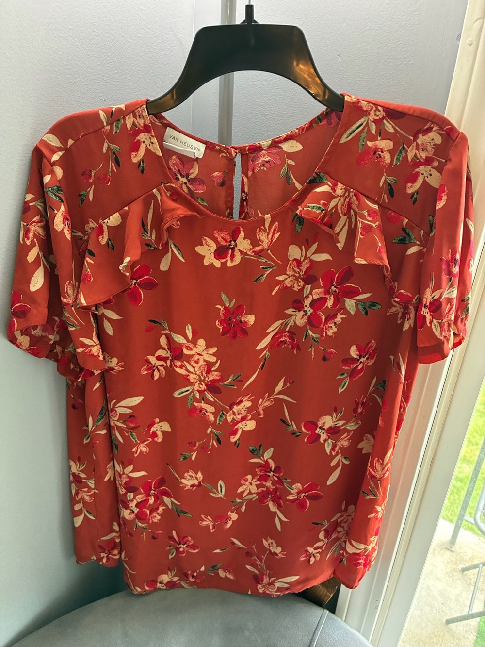 Van Heusen Rust Floral Ruffle Short-Sleeve Blouse